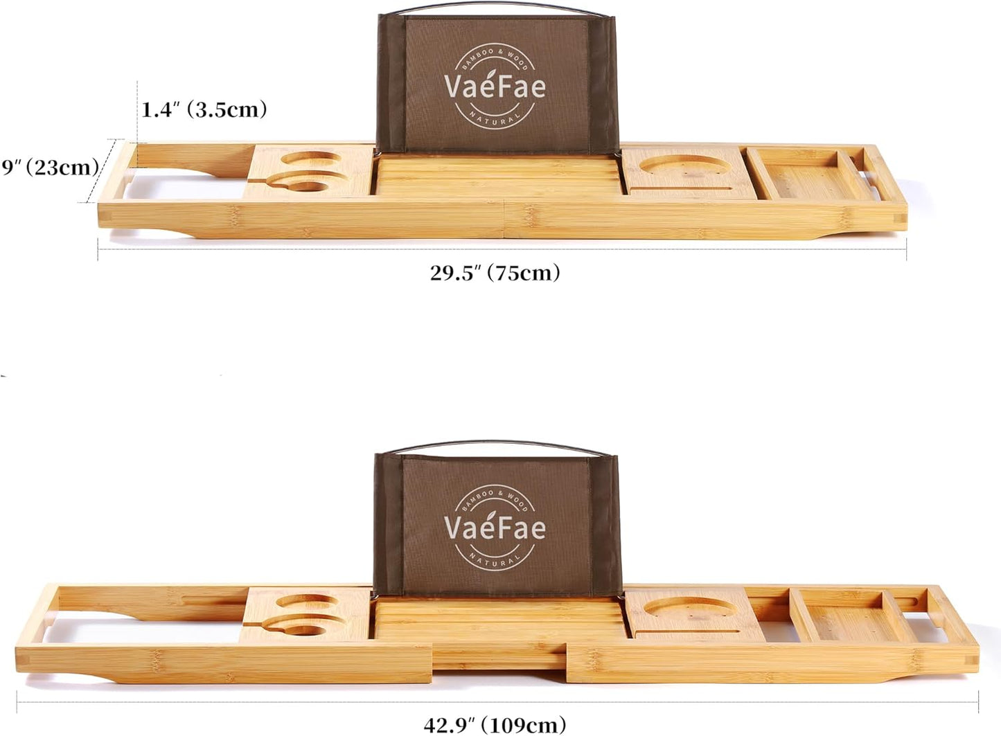 VaeFae Bamboo Bathtub Caddy Tray, Expandable Bath Tray for Tub with Upgraded Wine Slots and Book Holder - Ideal for One or Two Person Use