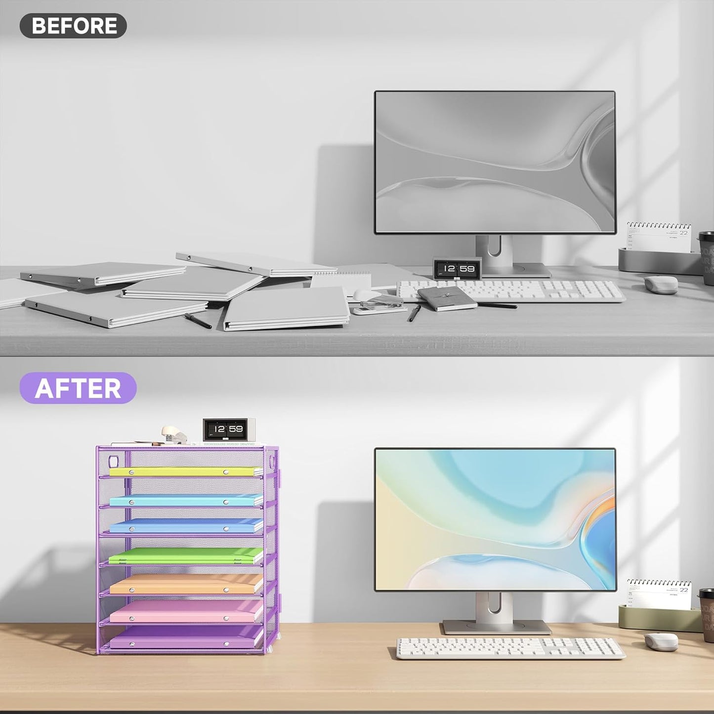 8 Tier Paper Organizer with Handle, Metal Mesh Desk File Organizer, Large Capacity Desk Organizers Paper Letter Tray Desktop Document Sorter for Office, Home or School - Purple