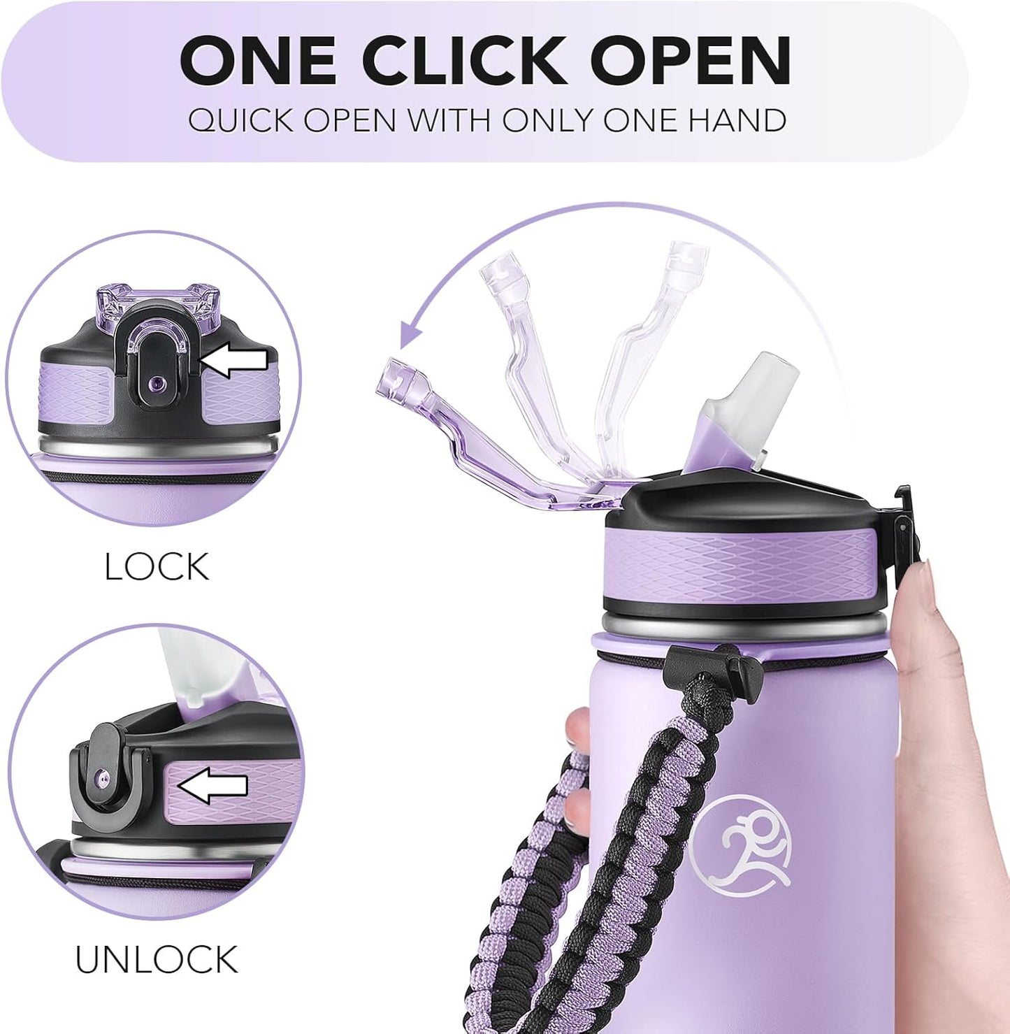 GOSWAG Insulated Sports Water Bottle, 24oz 2 Lids(with Straw/No Straw), Stainless Steel Water Bottles with Paracord Handle, Insulated Bottle with Double-Wall Vacuum Insulation