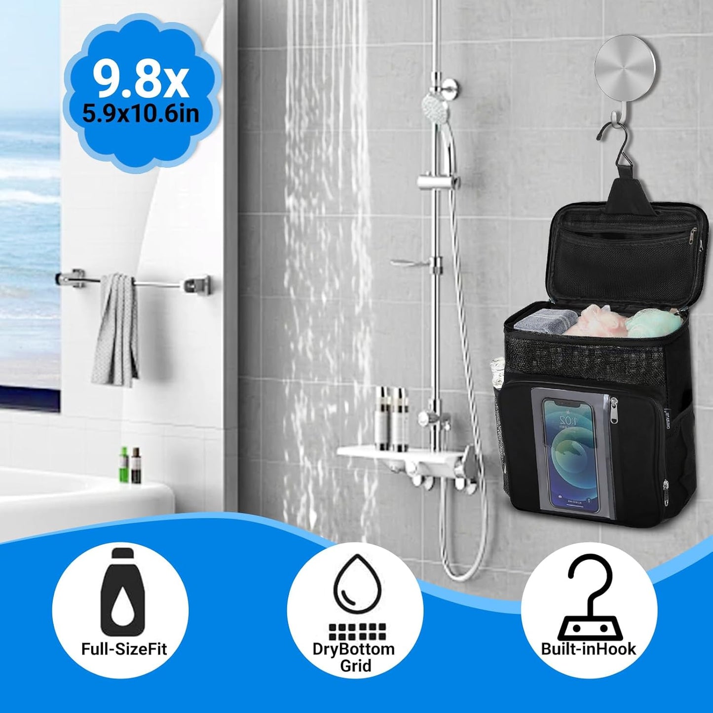 Portable Shower Caddy Organizer, 10.24x6.3x10.24 inches, Quick-Dry Mesh Design, Multiple Pockets, Black