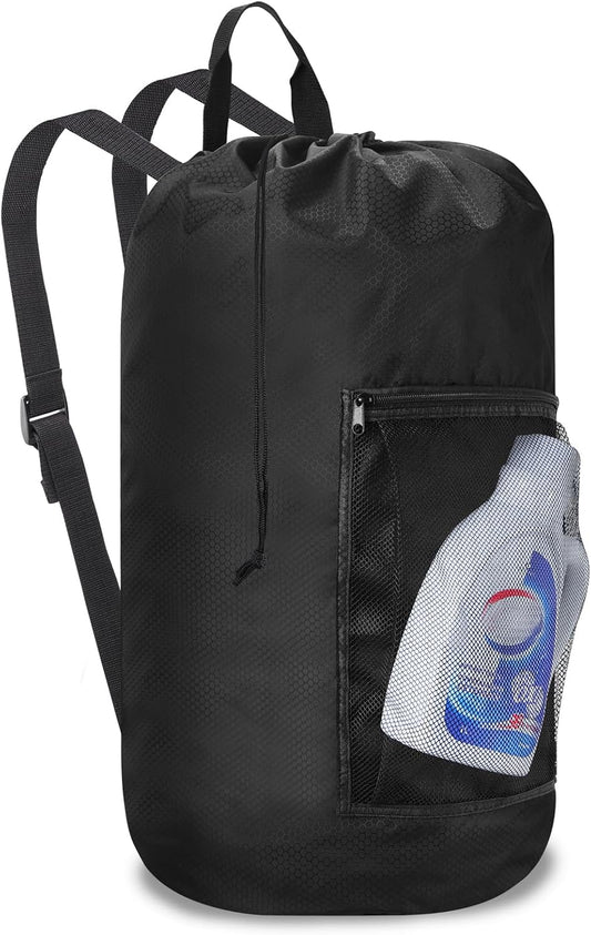 Femuar Laundry Bag Backpack Durable Laundry Bag with Shoulder Straps and Mesh Pockets Portable Laundry Dirty Clothes Hamper Bag for College Dorm (Black)
