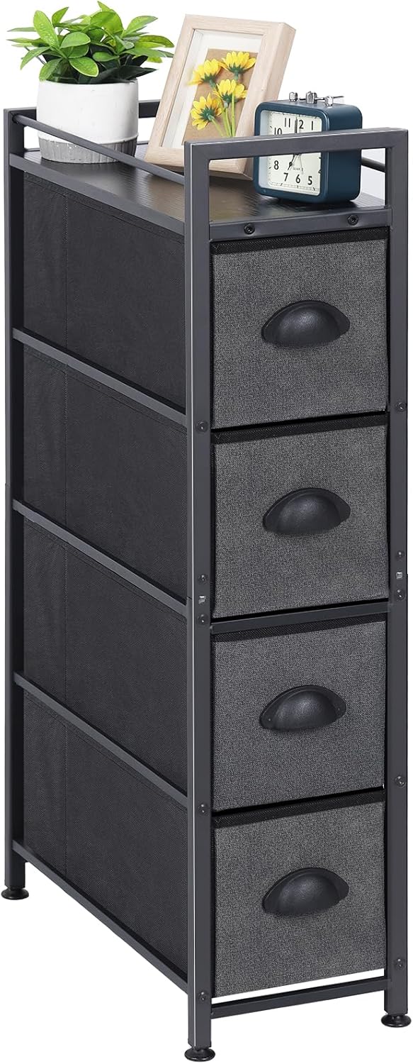 HAITRAL Narrow Dresser - 4 Drawers Slim Fabric Storage Cabinet - Vertical Standing Storage Chest - Gaps Tower Organizer with Removable Drawers and Wooden top for Laundry,Closet,Living Room,Entryway