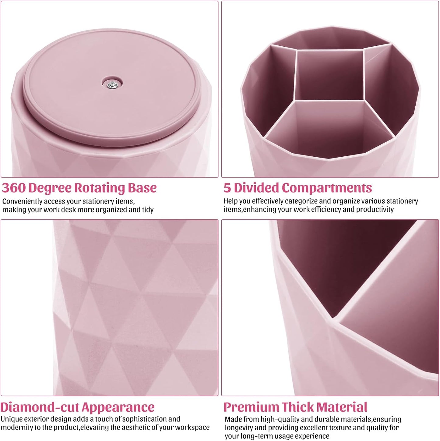 Desk Organizer,Sparkling Diamond-like Pen Holder for Desk 360°Rotating Office Accessories,Pencil Cup with 5 Compartments Storage Box Caddy for Office,School,Home,Art Supply(Pink)