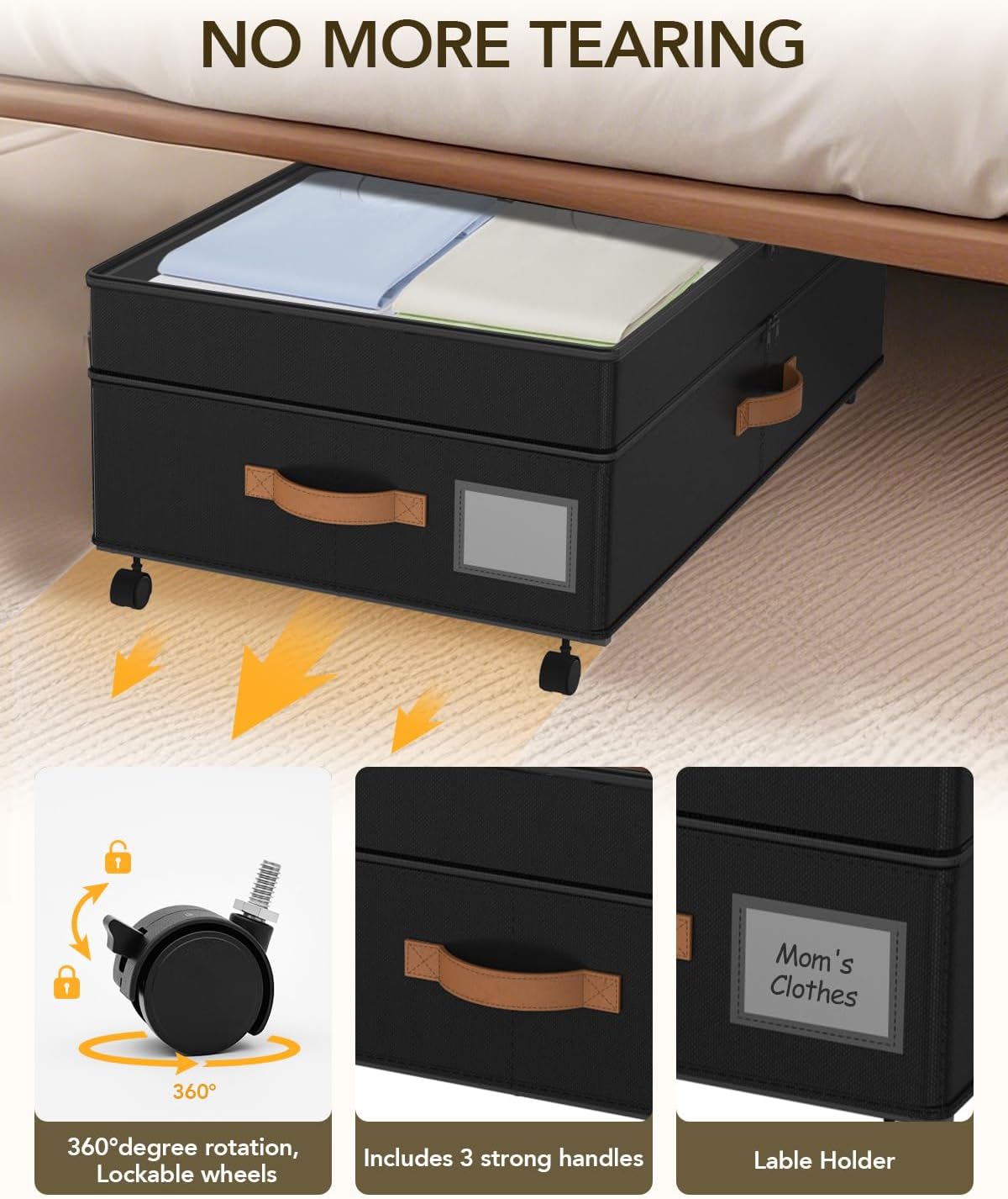 4 Pack Under Bed Storage with Wheels, Adjustable Height Storage Containers, 10 inches Large Capacity Rolling Underbed with Lids, Storage Drawers Shoes, Clothes, Blankets, Black