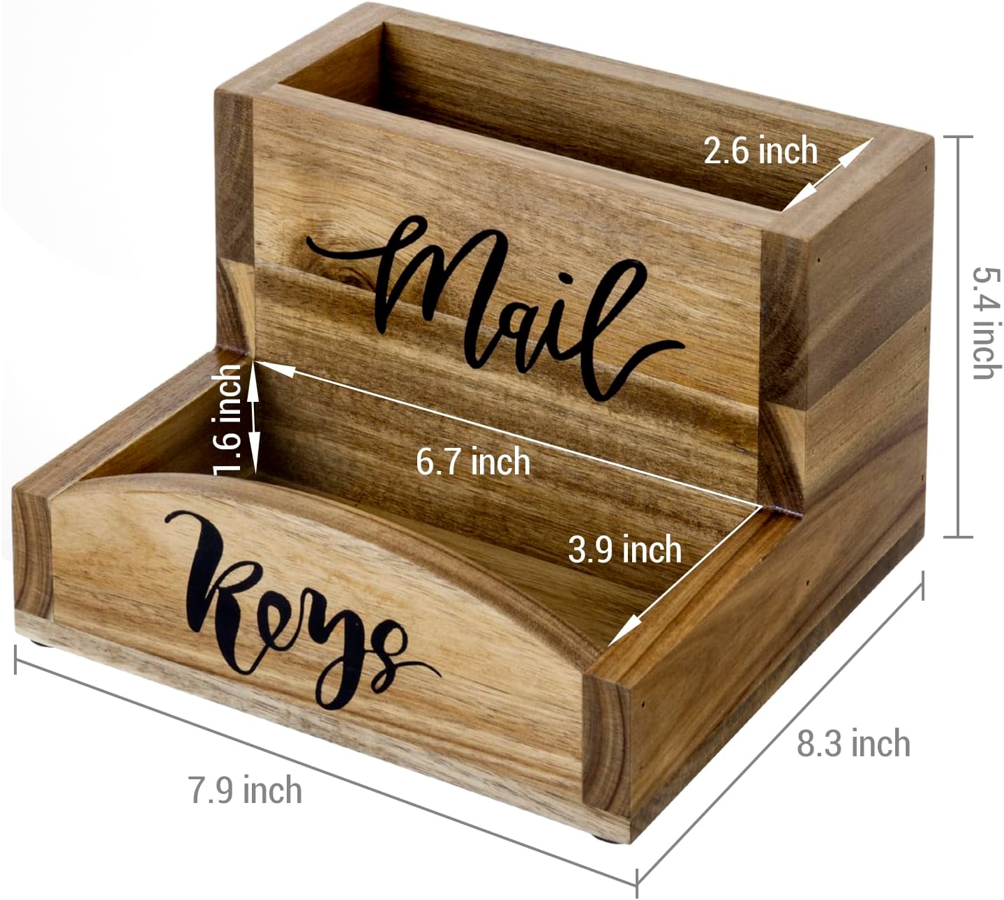 MyGift Premium Acacia Solid Wood Mail Holder and Key Organizer, Entryway Storage Tray or Office Desktop Organizing Bin with Black Cursive Lettering Labels
