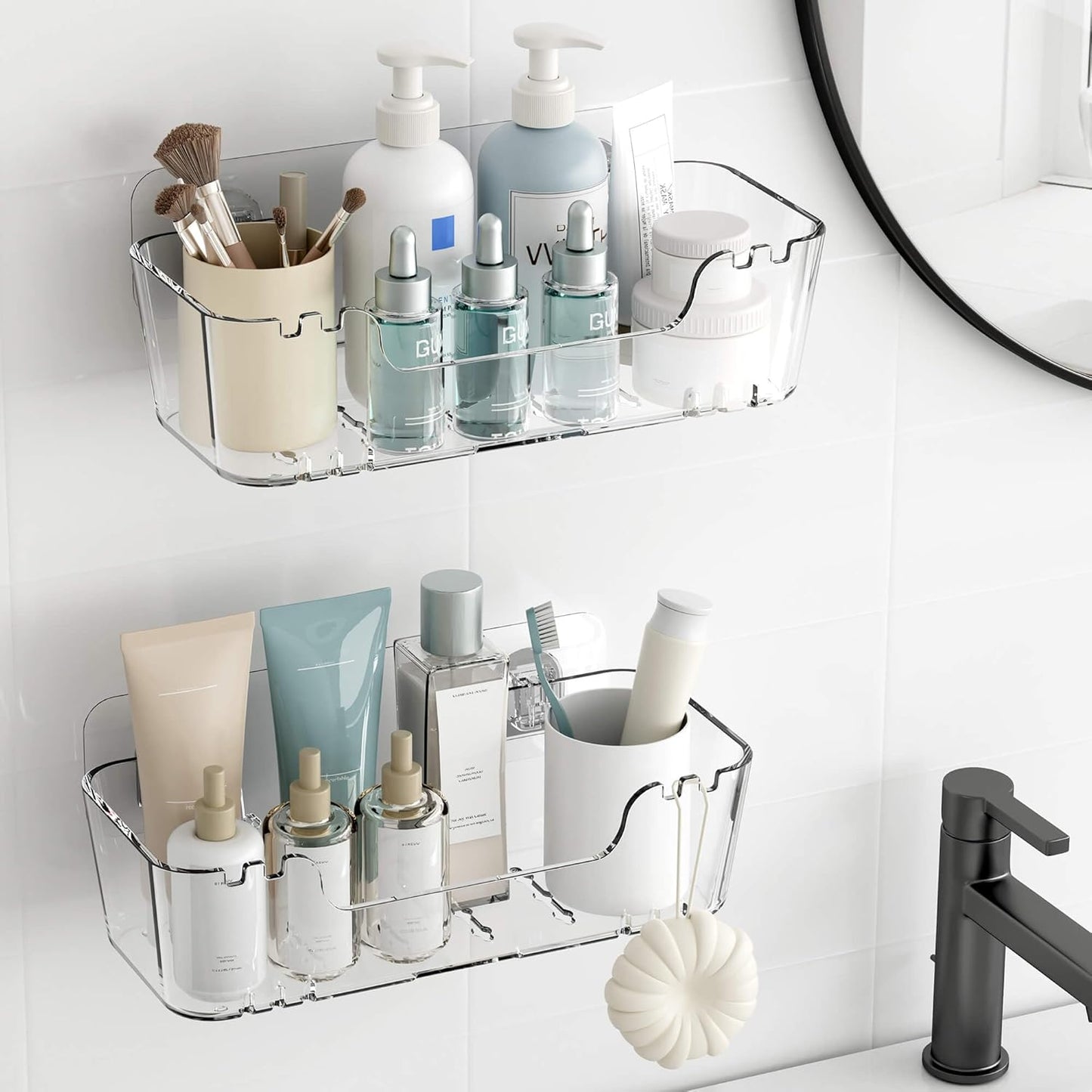 TZAMLI Acrylic Shower Caddy, Wall Mounted Adhesive Shelves with Lip, No Drilling Shower Organizer Clear Shelf for Bathroom Toilet Kitchen Storage, Large Long