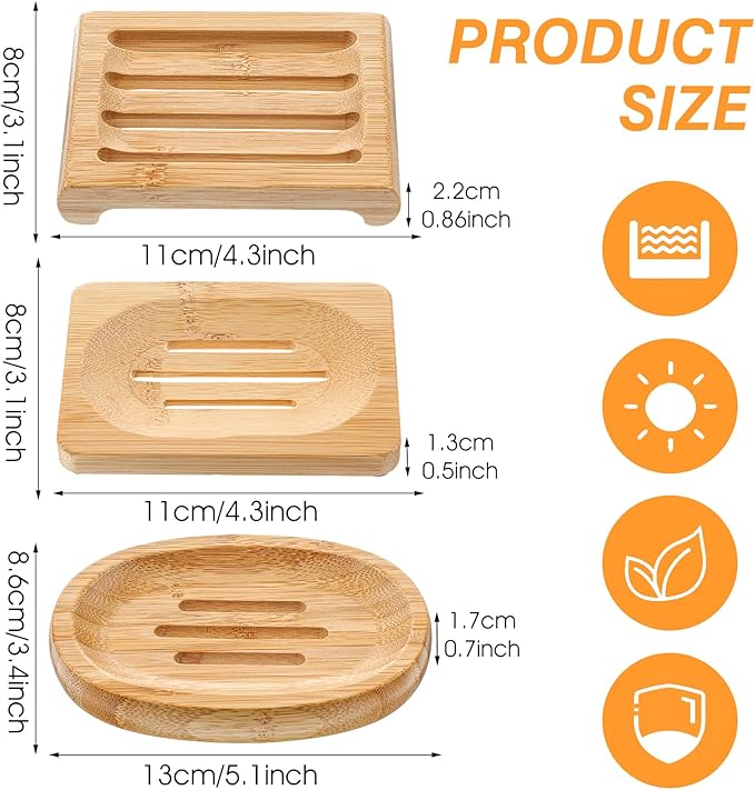 12 Pcs Bamboo Soap Dishes, Self-Draining Non-Slip Soap Saver, Wooden Soap Holder Tray, Shampoo Bar Holder for Bathroom, Kitchen (3 Size)