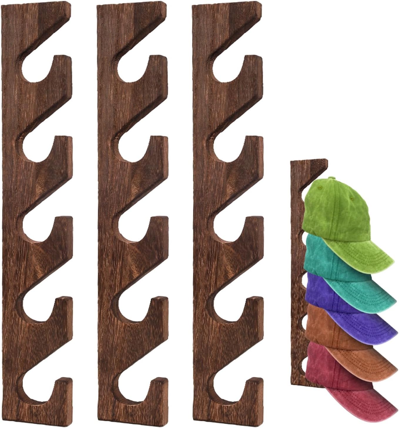 3 Pcs Hat Rack for Baseball Caps, Wall Mounted Wooden Hat Storage Organizer Hanger, Wall Vertical Hat Holder Caps Display Rack for Closet Door Bedroom Living Room Entryroom Laundry (Brown Wood)