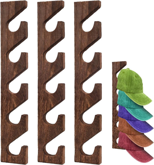 3 Pcs Hat Rack for Baseball Caps, Wall Mounted Wooden Hat Storage Organizer Hanger, Wall Vertical Hat Holder Caps Display Rack for Closet Door Bedroom Living Room Entryroom Laundry (Brown Wood)