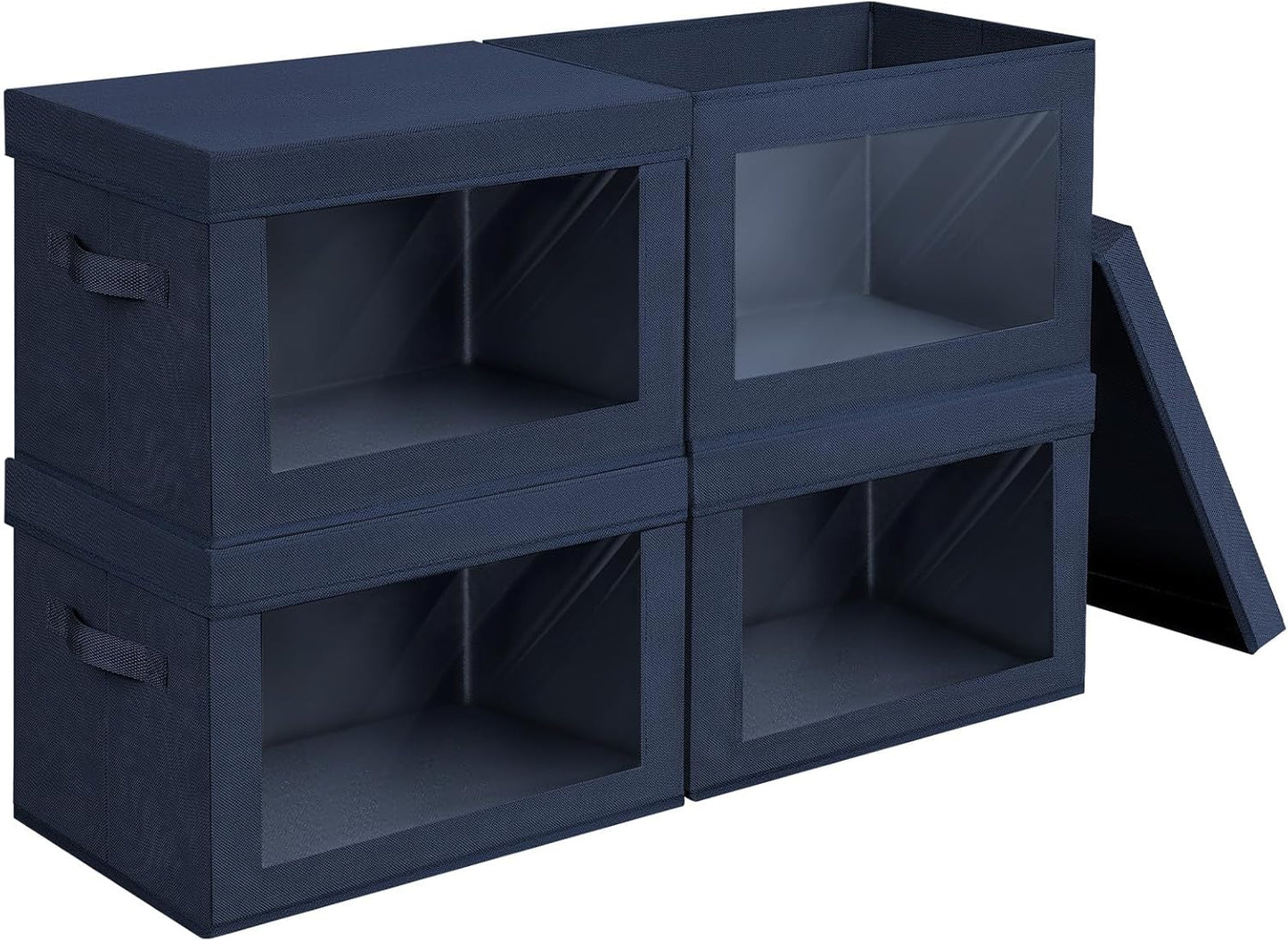 Organizing Bins with Lid - 4 Pack Foldable Clear Window Storage Bins, Large Storage Boxes with Handles, Storage Containers for Clothes, Towel, Blanket, Sheet, Navy Blue