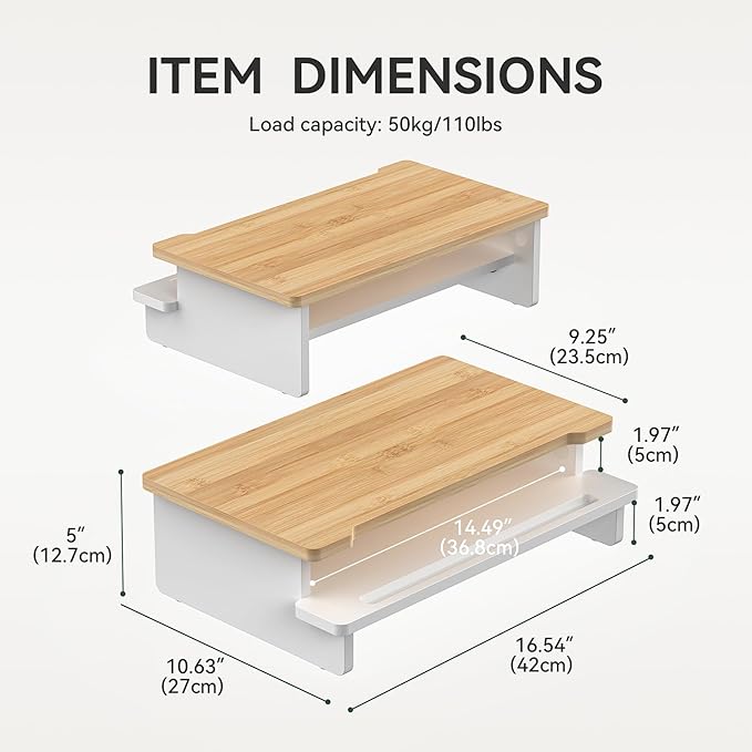 Monitor Stand Monitor Stand Riser for Desk,Wood Desk Shelf Storage Organizer with Phone Tablet Holder (16.5 Inch, White & Natural Bamboo)