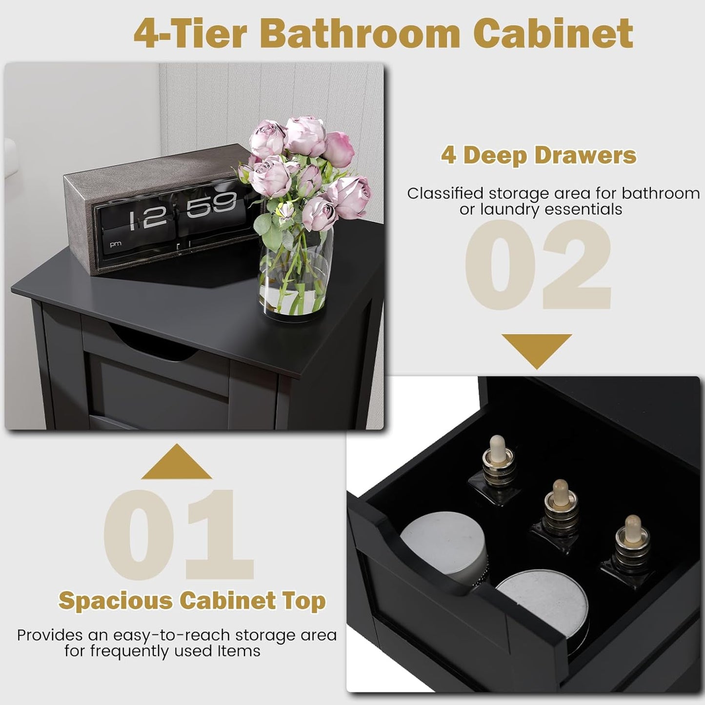 LOKO Bathroom Storage Cabinet with 4 Drawers, Narrow Floor Standing Cabinet with Cut-Out Handles, Anti-toppling Device, Home Storage Organizer Unit for Laundry Room, Living Room, Entryway (Black)