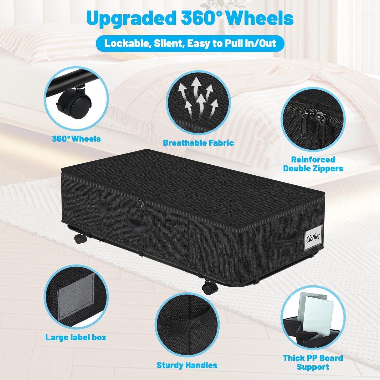 Large Sturdy Under Bed Storage with Wheels, 2 Pack 50L Rolling Underbed Storage Bins, Under Bed Containers Drawer with Metal Bottom Support, Bedroom Organizer with Lids for Clothes, Shoes, Blankets