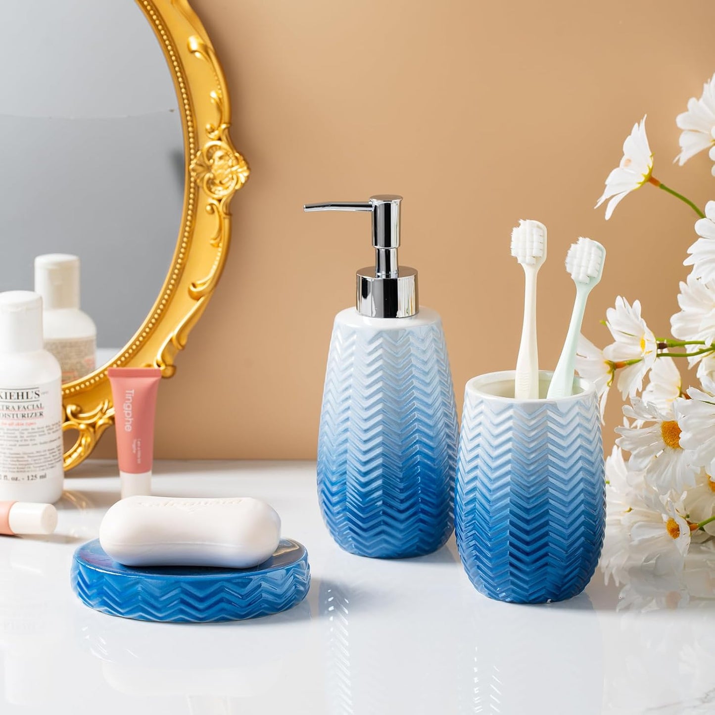 Bathroom Accessory Set,Blue Bathroom Decor,Blue Soap Dispenser, Soap Dish and Tumbler,Wavy Bathroom Accessories Complete Set