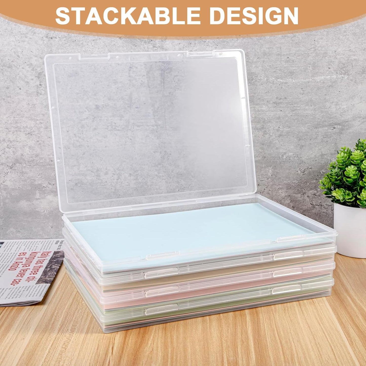 Scrapbook Paper Storage Box 12.7 x 12.4 x 1 Inch Clear Plastic Organizer for Craft Letter Paper Cardstock Documents Office School Supplies, 4 Pack