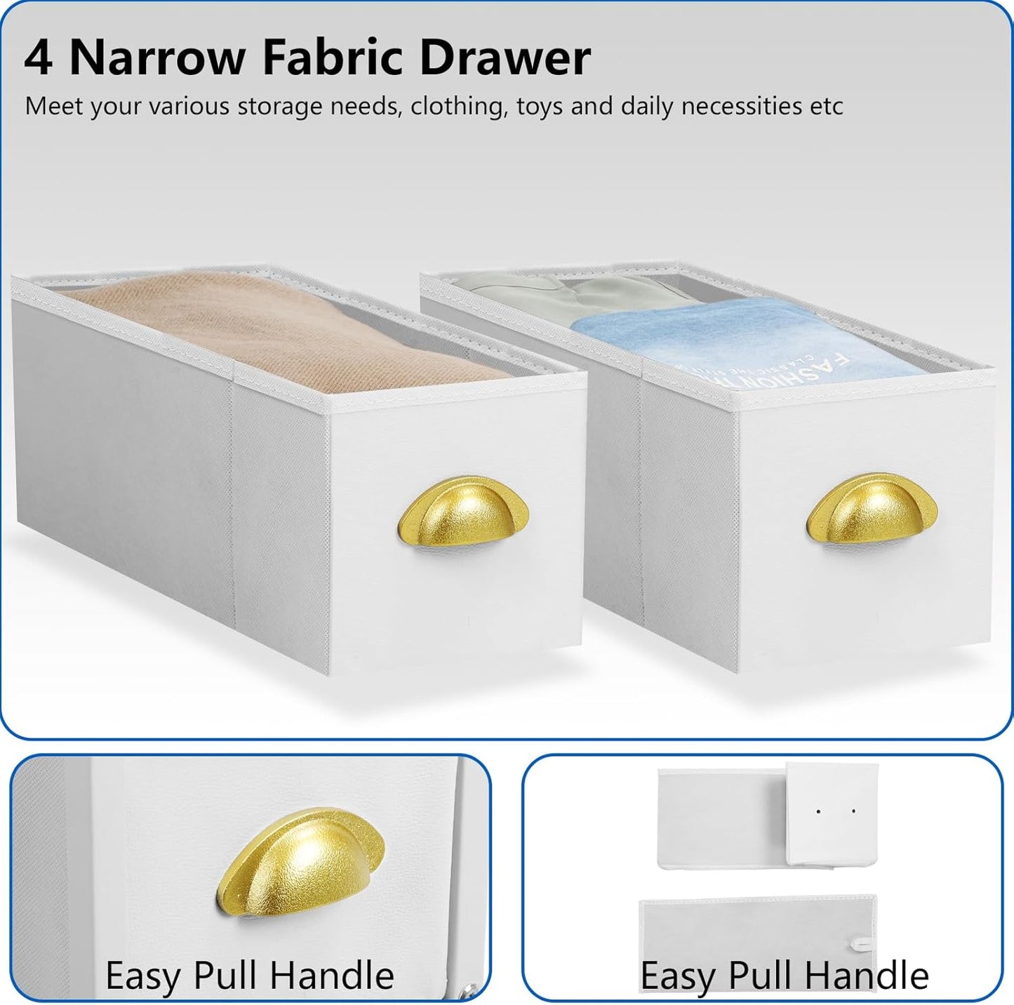 MOOACE Narrow Dresser Storage Tower with 4 Drawers, Slim Dresser Chest of Drawers, Vertical Small Fabric Dresser Standing, Wood Top Organizer for Bedroom, Bathroom & Laundry, White/Gold