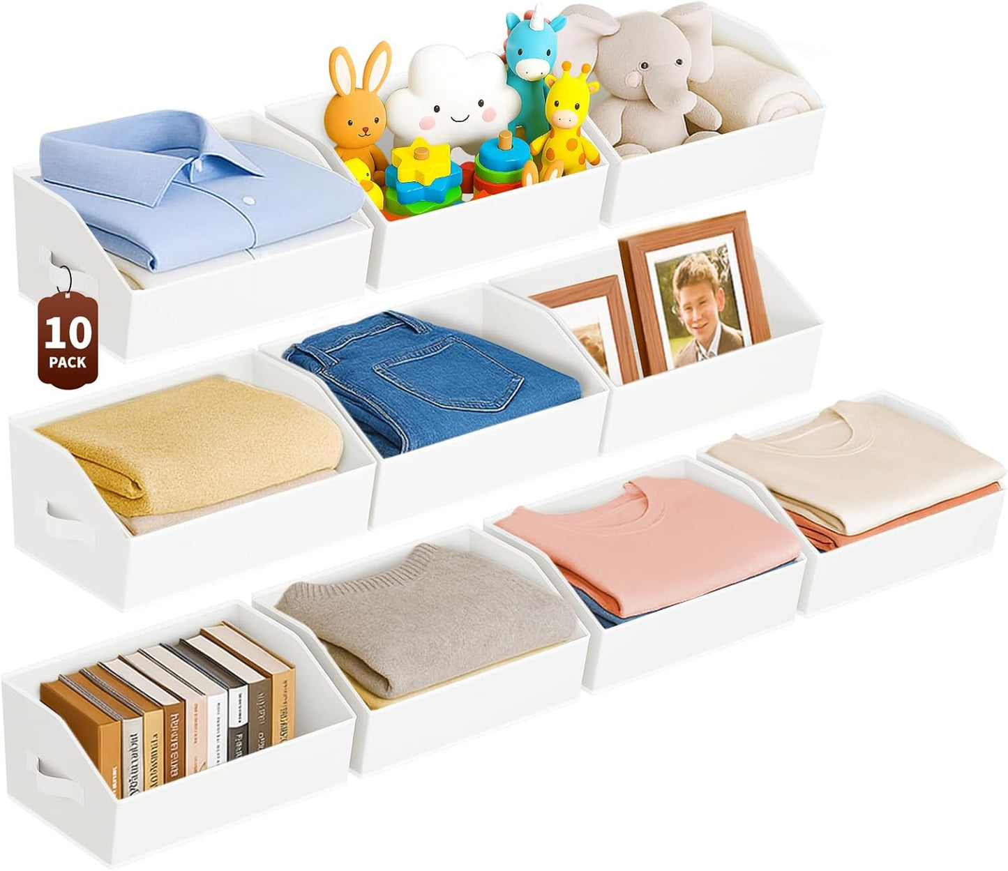 Large Closet Organizers and Storage Bins - 10 Pack Trapezoid Storage Baskets for Shelves, Foldable Fabric Baskets with Handles Ideal for Closet, Basket, Wardrobe and Shelf Storage, White