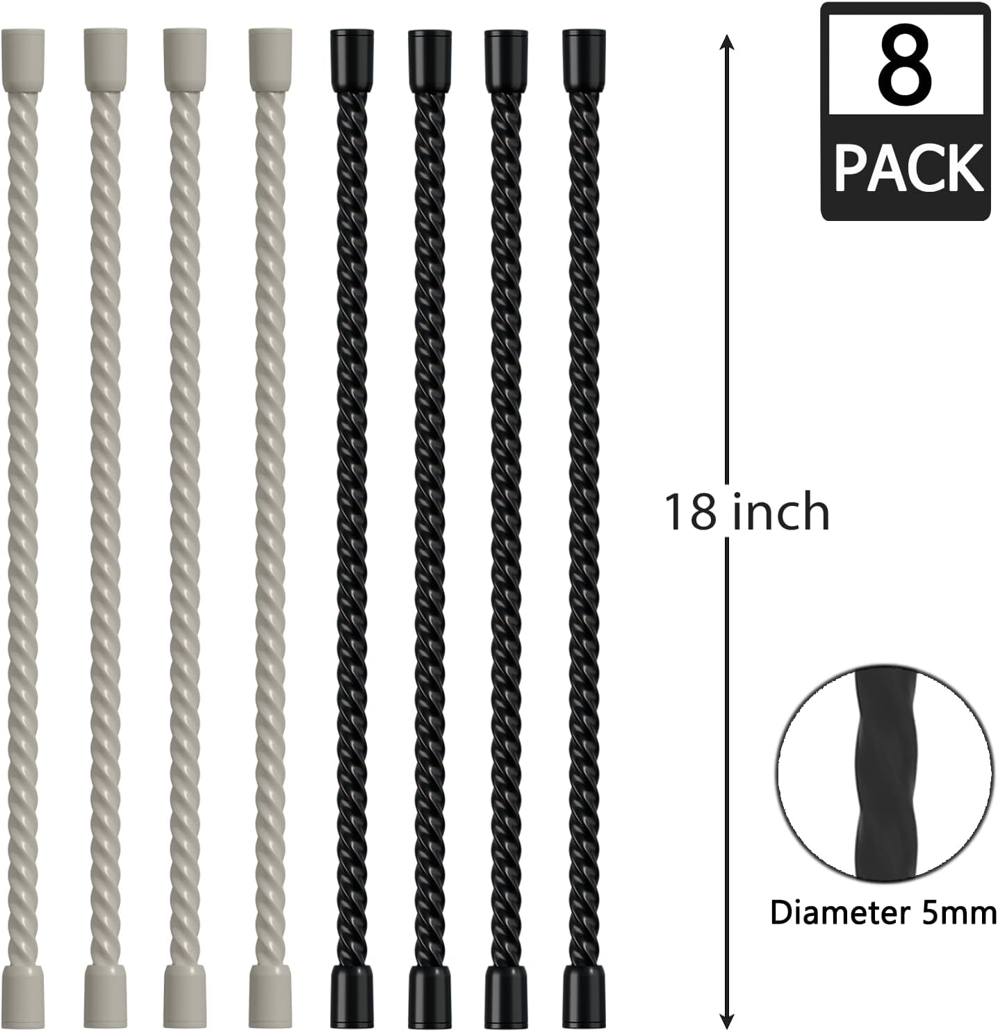 8PCS Silicone Cable Ties 18 Inch Reusable Twist Ties Steel-Core Cable Tie Straps Organizer All Purpose Bendable Cord Tie for Indoor Outdoor Bundling Holding Securing and Wrapping (Black White)