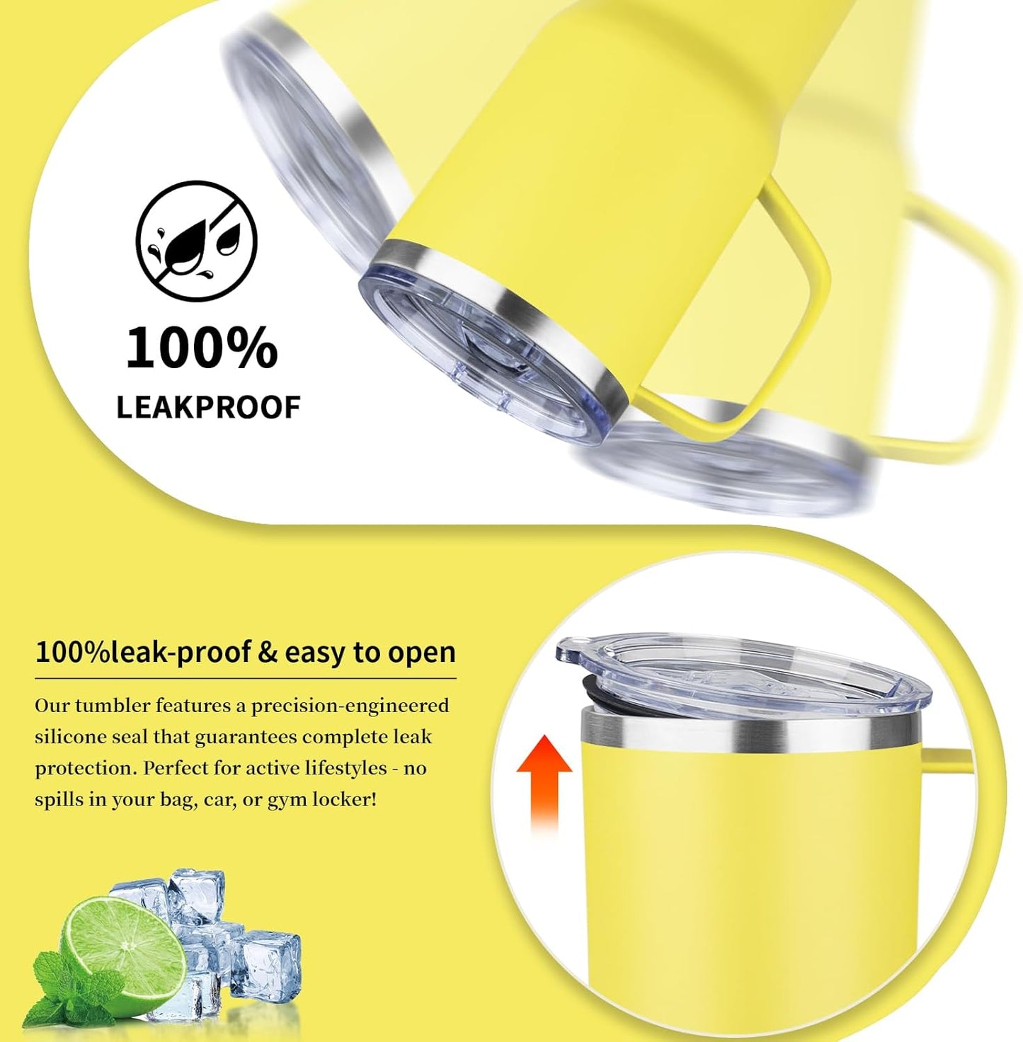 20oz Insulated Tumbler with Handle Stainless Steel Travel Coffee Mug with Lid and Straw Double Wall Vacuum Leak-proof Reusable Thermal Water Cup for Hot and Cold Drinks (Yellow,1 Pack)