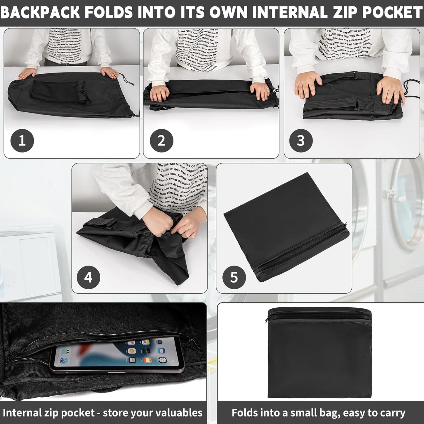 Laundry Bag Backpack with Shoulder Straps and Mesh Pocket Foldable Clothes Hamper Bag with Drawstring Closure for College, Apartment, Laundromat (Black)