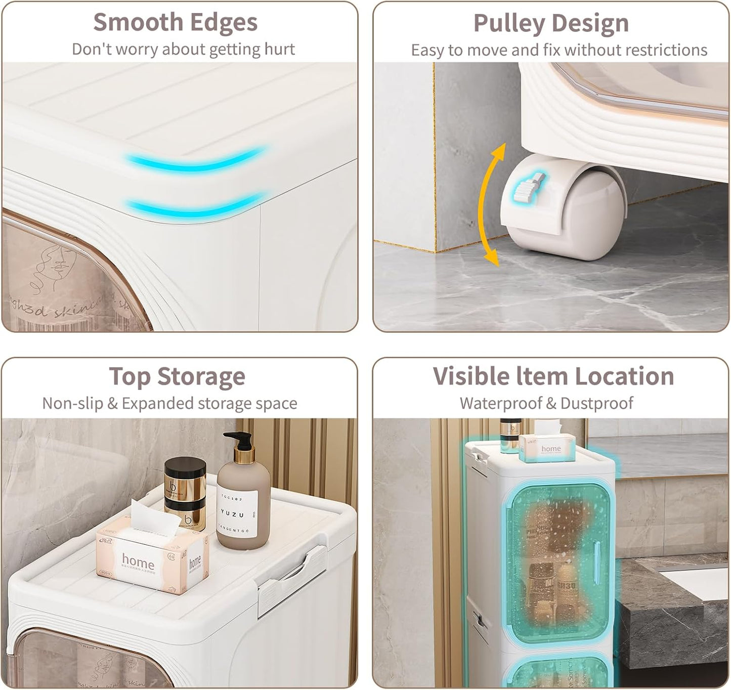 KHNR 3-Tiers Slim Bathroom Storage Cabinet, Foldable Storage Cabinets,Narrow Bathroom Storage,Movable Bathroom Storage Organizer for Small Spaces,Bathroom,Kitchen,Laundry,Cream White