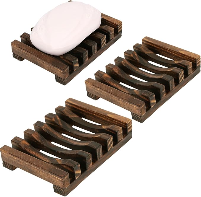 Anwenk 3Pack Soap Dish Wooden Soap Saver Holder Soap Tray for Bathroom Shower Rectangular Sink Drainer Hand Craft for Soap,Sponges and More