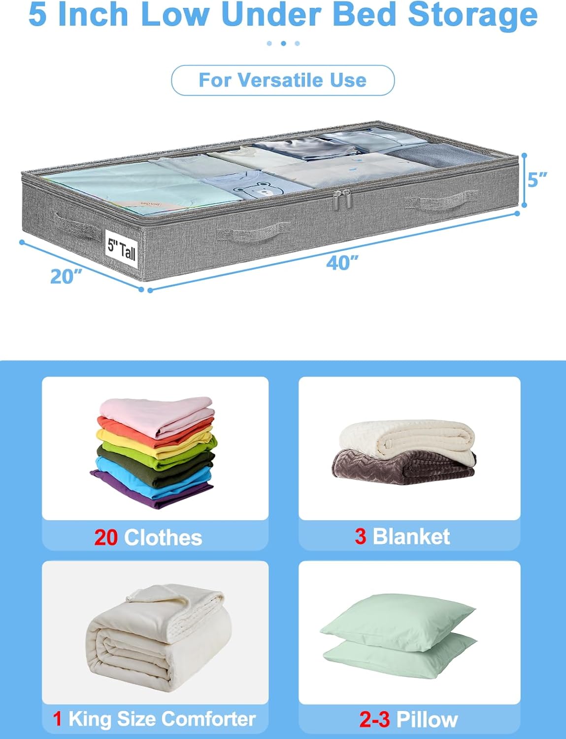 punemi 5 Inches High Low Profile Under Bed Storage Containers，No-Structure,Soft Fabric Zippered Underbed Storage bins for Clothes and Blankets— Fits Under Crib, Couch or Dorm bed,2-Pack,Grey