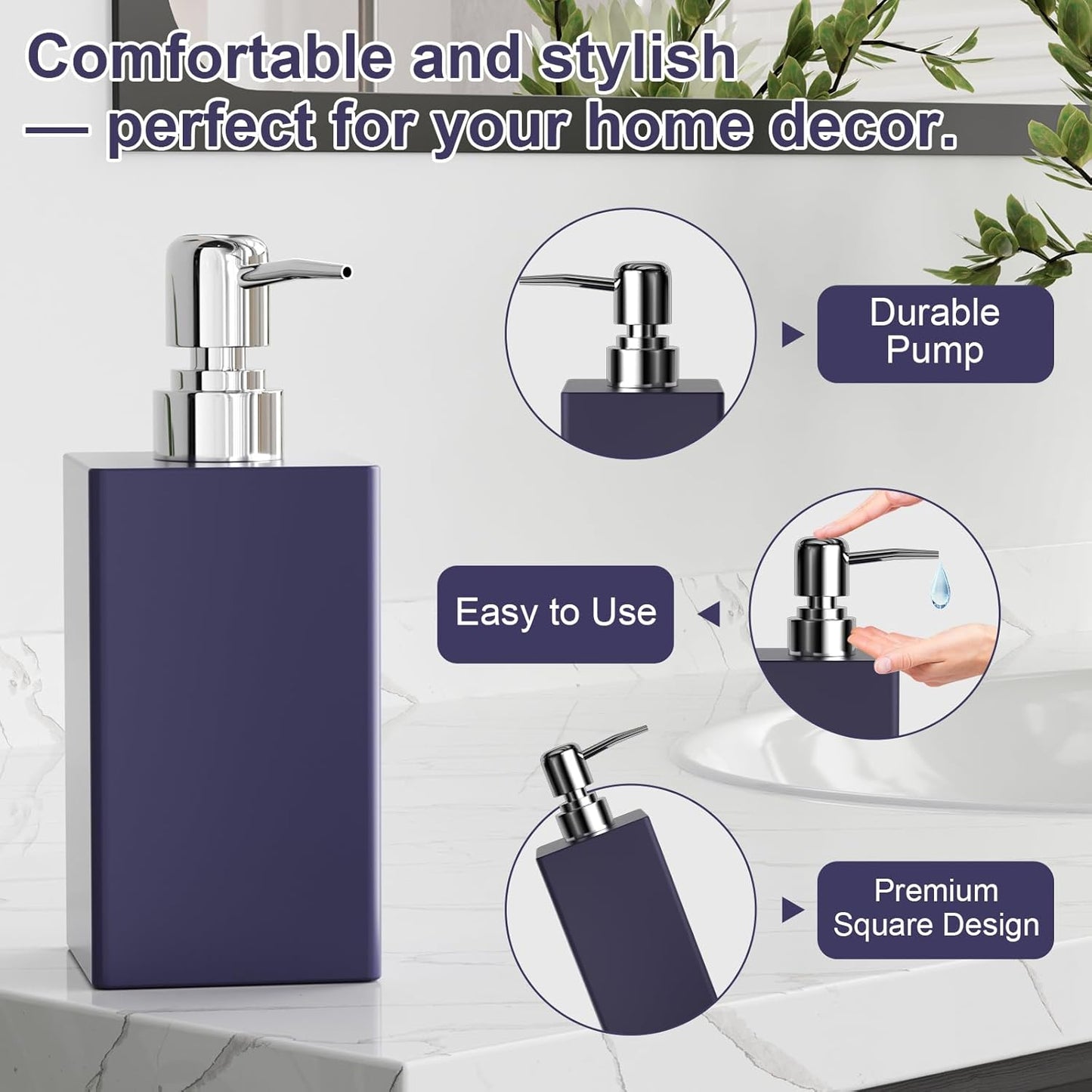 Navy Blue Bathroom Accessories Set Resin 6PCS, Square Toothbrush Holders Set Complete with Soap Dispenser, Vanity Tray, Tumbler, Cups and Cotton Swab Jars for Counter, Sink or Small Spaces