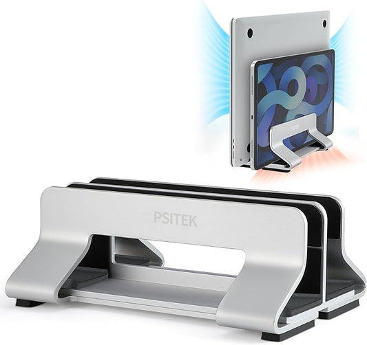 Aluminum Dual Vertical Laptop Stand Dock Holder, Supports 2 Devices, Adjustable Slot Width 15-36mm, Space-Saving Upright Storage for MacBook and Laptops