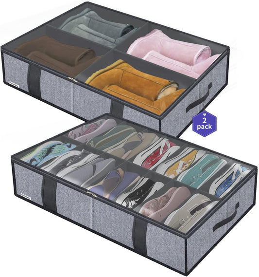 Onlyeasy Under Bed Shoe Storage Organizers for Kids and Adults Fit 14 Pairs of Shoes & 4 Pairs of Boots, Sturdy Underbed Organizer with 2 Strong Zippers and 4 Handles, Linen-like Grey, MXDUBS14S4