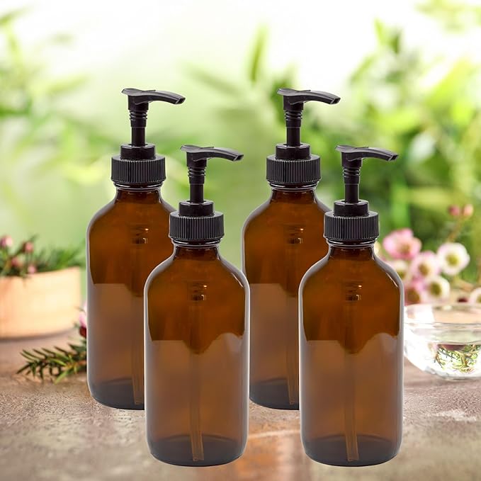 Cornucopia Brands 8oz Glass Pump Bottles (Pack of 4, Amber Brown) Lotion Soap Dispensers w/Black Plastic Pumps
