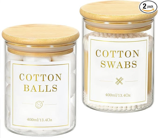 Luxspire 2 Pack Glass Qtip Holder Dispenser, 13.4 oz Cotton Swab Holder with Bamboo Lids, Glass Apothecary Jars Bathroom Accessories Canisters for Cotton Swabs, Balls, Pads, Floss Picks