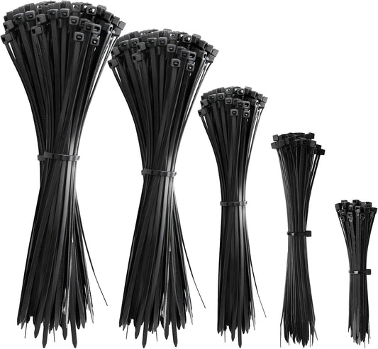 APIELE Cable Zip Ties 600 Pack BLACK Assorted Sizes 4 6 8 10 12 inch Multi-Purpose Self-Locking Nylon Cable UV Resistant Wire Ties for Indoor & Outdoor Home Office Garden Workshop