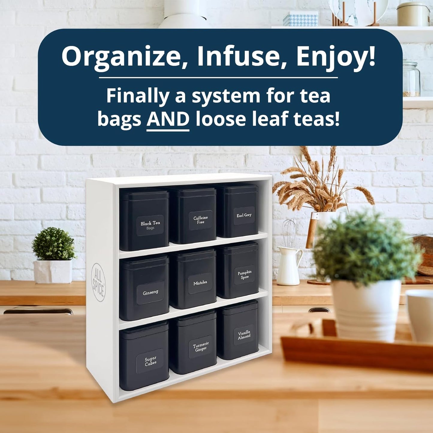 AllSpice Tea Organizer Rack with 9 Tins & 160 Magnetic Labels – Perfect for Bagged & Loose Leaf Tea Organization - White