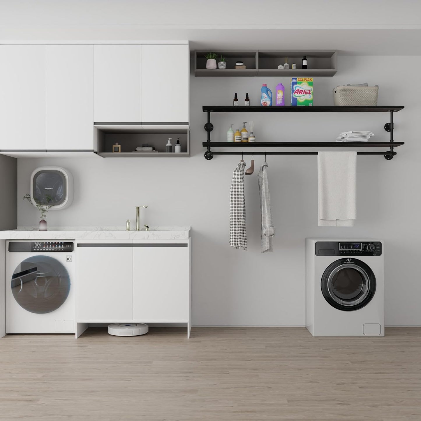 Black Clothes Rack 70in, 2-Tier Wall Mounted Garment Rack with Real Wood Shelf, Heavy Duty Hanging Clothes Rack, Multi-Purpose Hanging Rod, Space-Saving Closet Storage