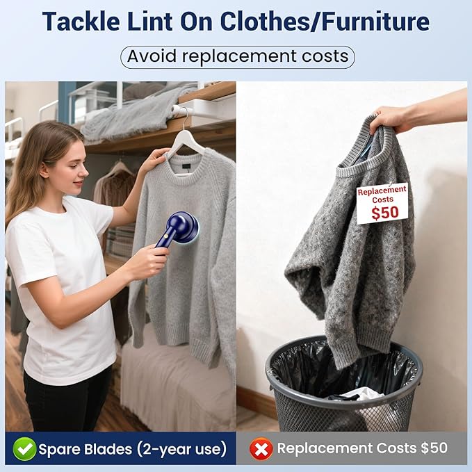 DBC Fabric Shaver and Lint Remover, Sweater Shaver with 3-Speeds and 6-Leaf Blades, 2hours runtime, 2 Replaceable Blades, Battery Operated, Remove Pilling, Furniture, Fuzz, Lint Ball - Blue