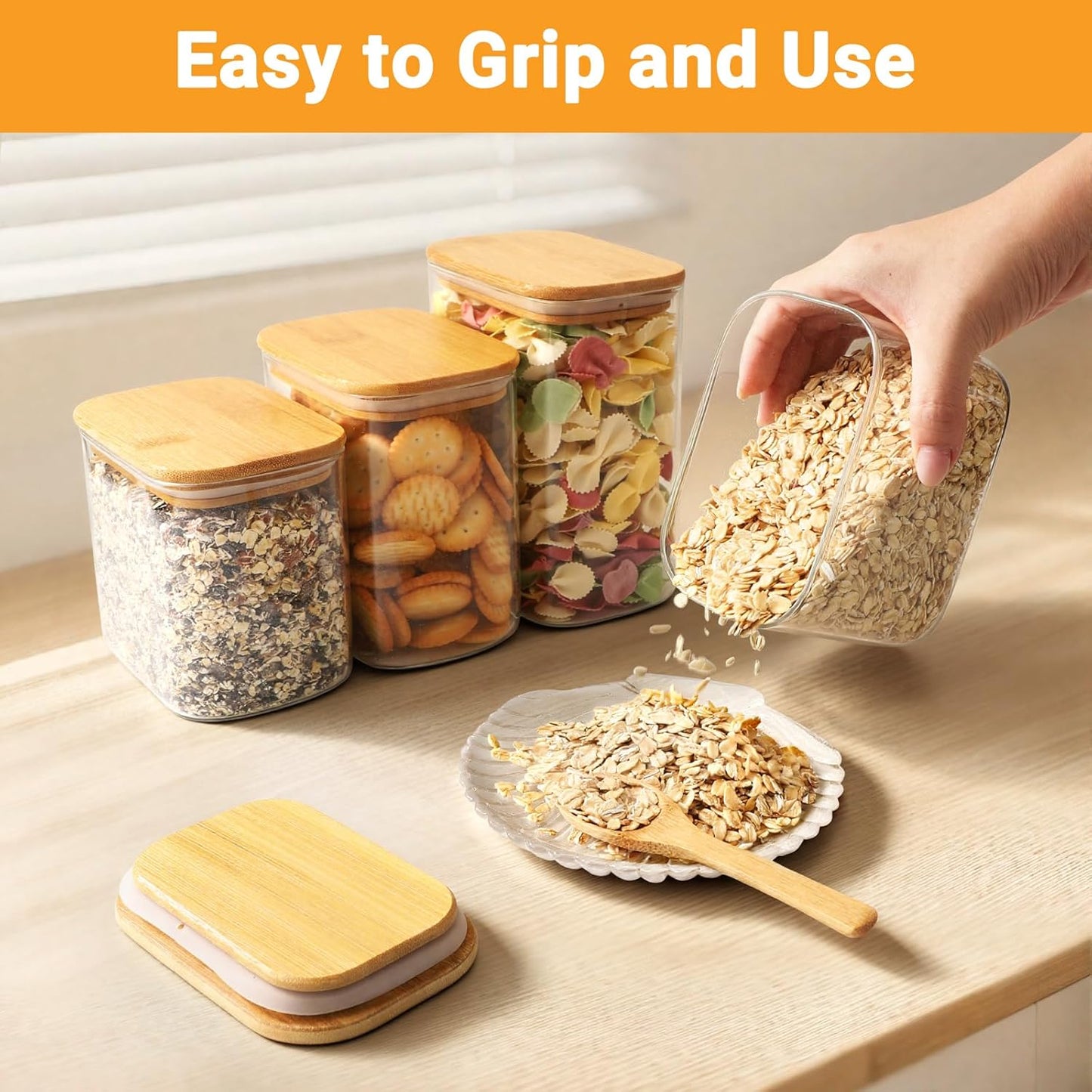 Rectangle Glass Jars with Bamboo Lids, 4 Pack 17oz Glass Jars Set with Airtight Lids, Kitchen Pantry Storage Containers for Countertop, Sugar and Coffee Container for Tea, Cereal, Oats, Beans