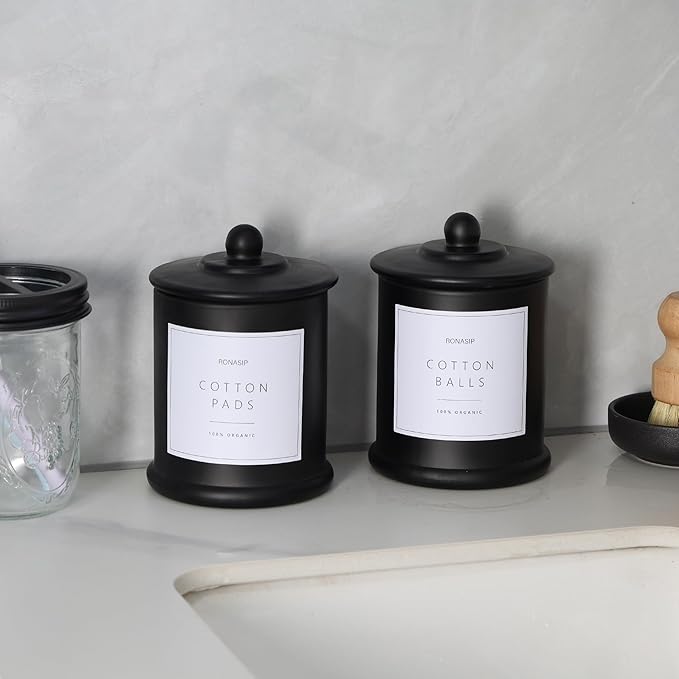 Qtip Holder & Cotton Pad Dispenser, Bathroom Organizer and Storage Canisters, 16oz Glass Apothecary Jars for Kitchen, Restroom - Home Decor Accessories, Room Decor Aesthetic (2 Pack, Black)