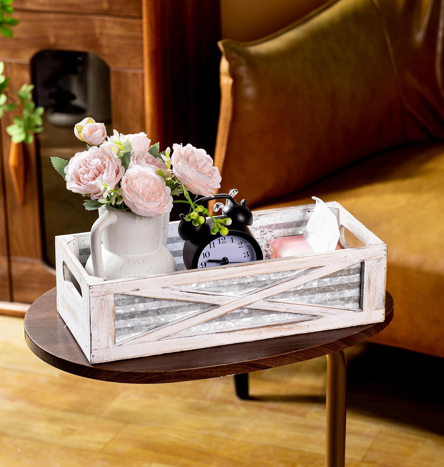 Wooden Toilet Tank Basket, Rustic Bathroom Decor Box, Farmhouse Toilet Paper Organizer Holder, Decorative Bathroom Storage Basket, Barn Door (Whitewash)