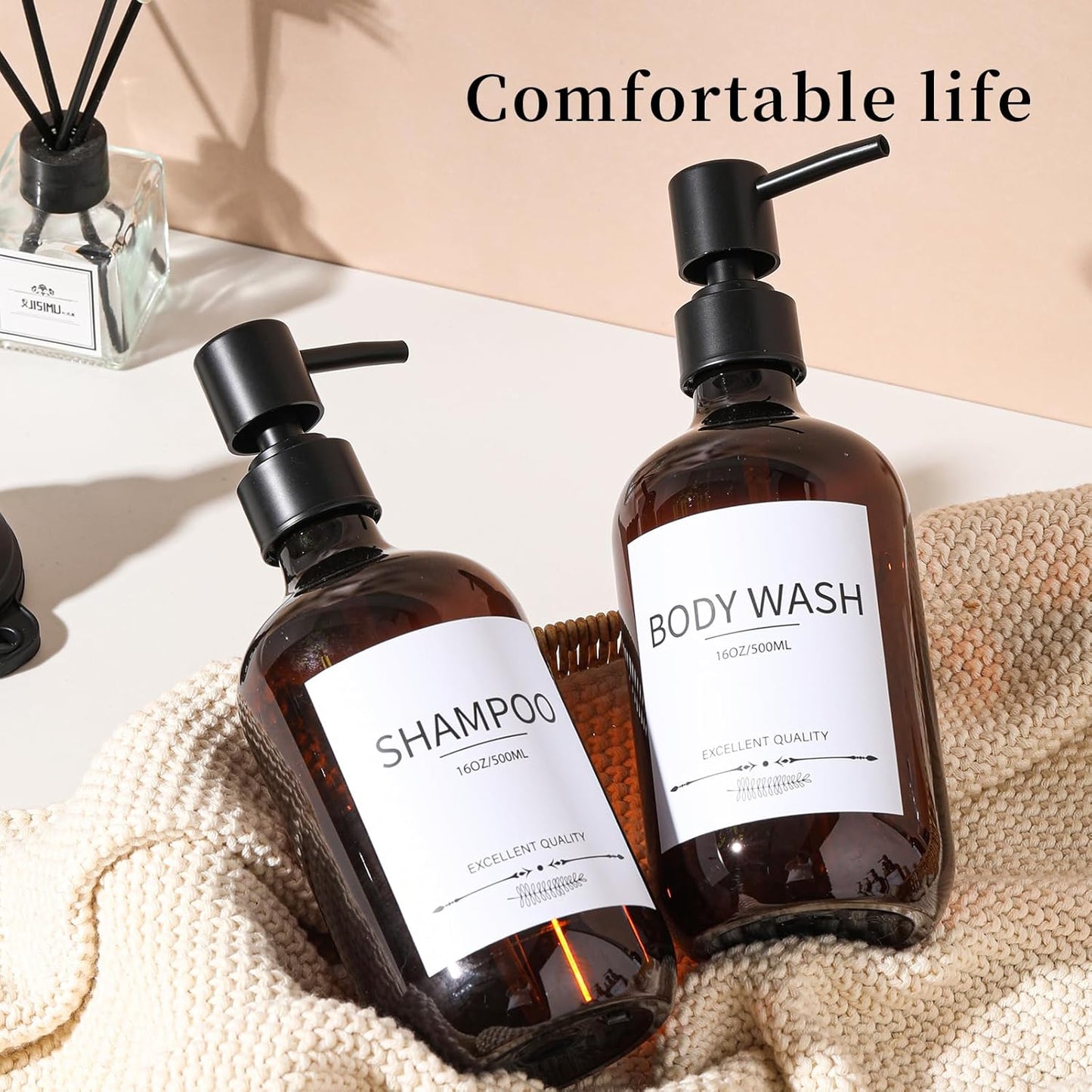 Shampoo and Conditioner Bottles(5Pack),Shampoo Dispenser for Shower,Bottles Refillable with Pump,Bathroom Dispenser Sets(Amber)