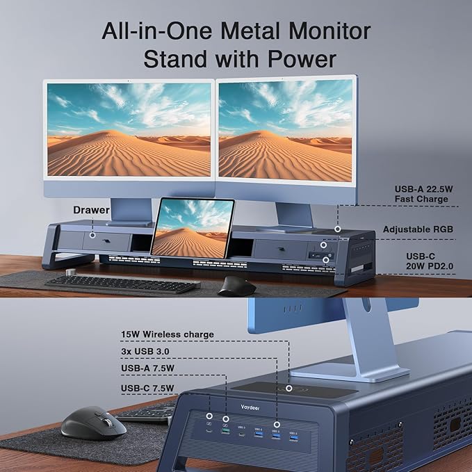 Vaydeer All-in-One Dual Monitor Stand Riser with 2 Drawers, 8USB Ports and Wireless Charging Pad with LED Light Strip for 2 Monitors , Desk Organizer for PC, iMac (Metal, 39.3 inches)-White