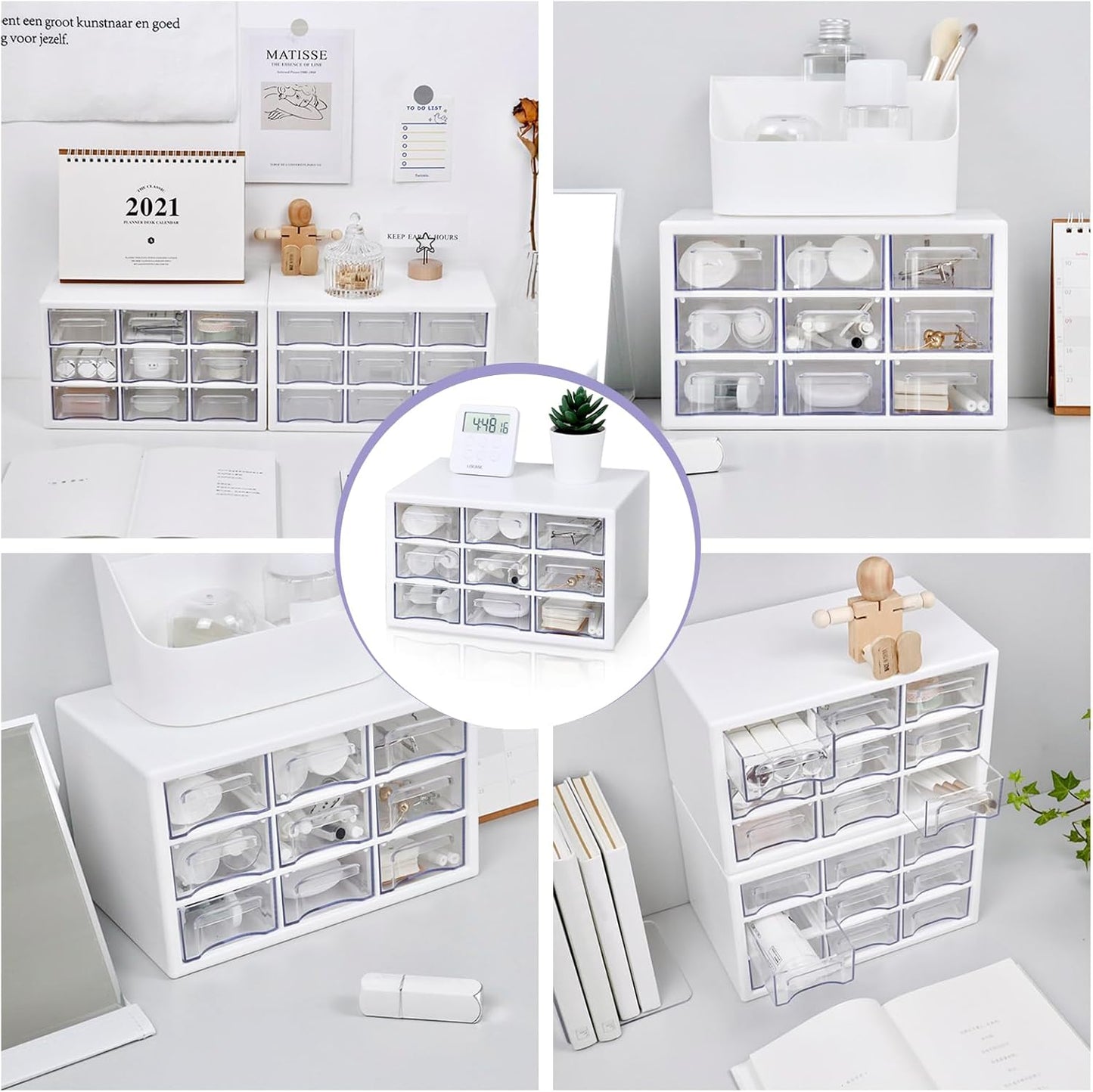 Desk Storage Organizer with 9 Drawers, FODIENS Stackable Desktop Craft Drawer Cabinet, Clear Storage Box Caddy for Makeup Jewelry Office Craft Supplies (9.84×6.3×5.9in) (White)
