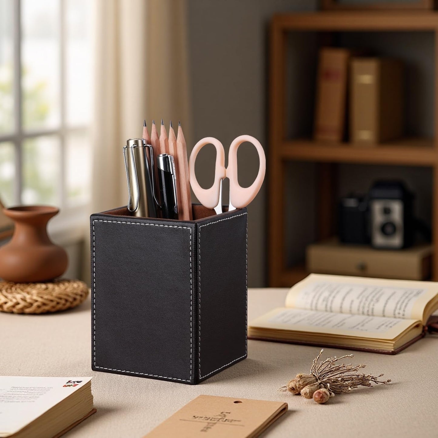 KINGFOM PU Leather Square Pens Pencils Holder Cup Desktop Stationery Organizer Case Office Accessories Container Box Brown