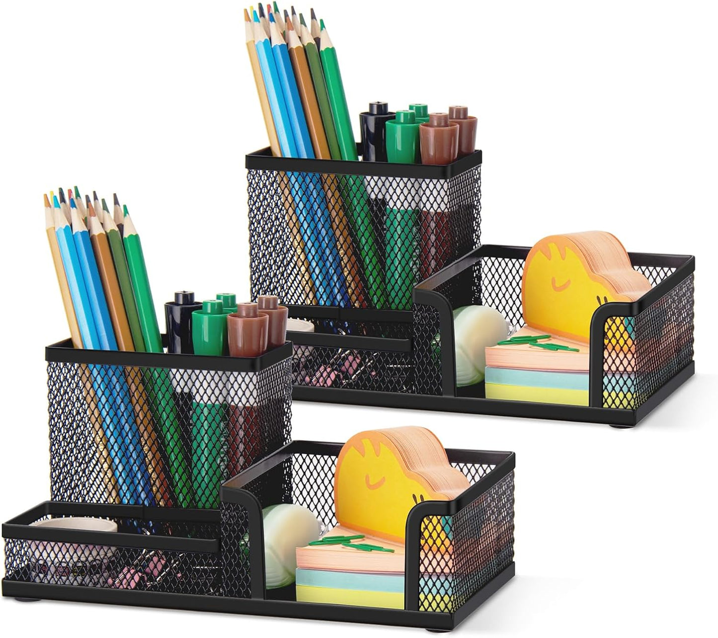 Comix Mesh Pen Pencil Holder Desk Organizer, 3 Compartment Wire Desktop Pen Pencil Cup Caddy Office Supplies Accessories for Home Office School, Black(2 Pack)