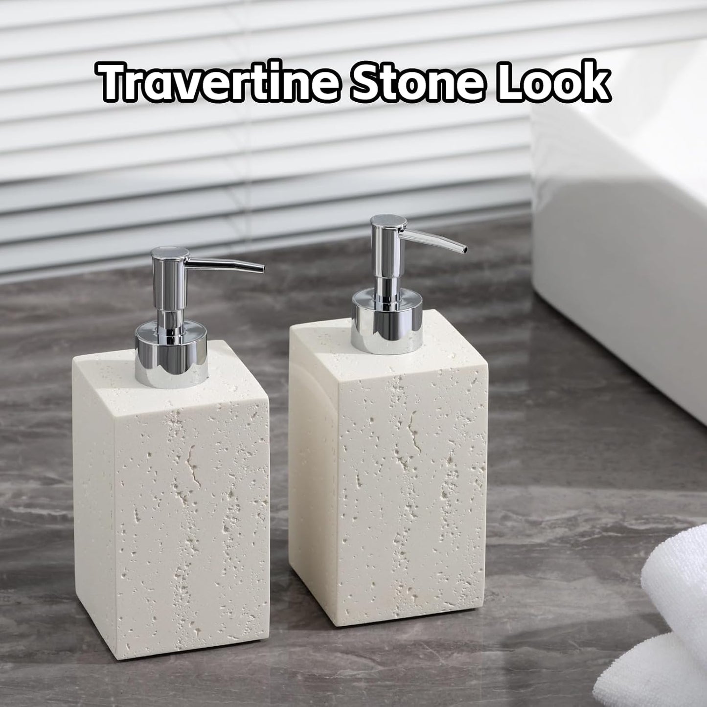 Soap Dispenser 420ML 14OZ, 2pcs Luxurious Hand Dish Soap Dispenser Set, Refillable Lotion Bottle with Rustproof Pump for Bathroom Countertop Kitchen Sink (Off White)