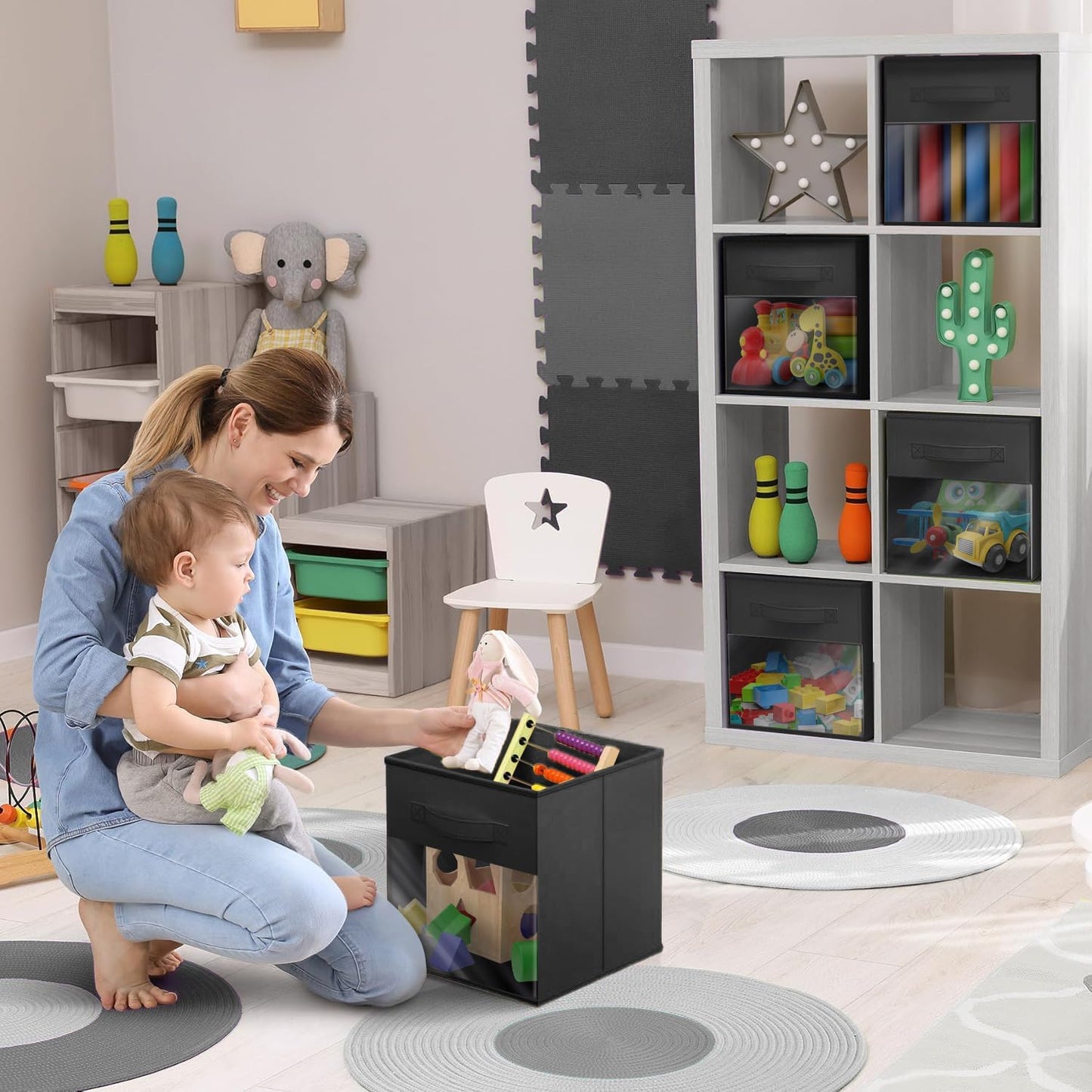 Sorbus 11 Inch Storage Bins with Clear Window - 6 Foldable Baskets for Organizing Clothes, Toys, Books - Sturdy Collapsible Fabric Storage Cubes with Handle - Storage Baskets for Shelves, Closets