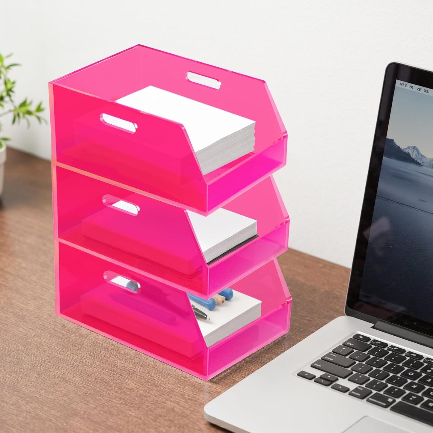 Gelite Stackable Large Storage Bin Organizer with Handles Acrylic Storage Container for Toy Pantry Kitchen Cabinet Bathroom Closet Office Organization, 15.4x11.4x6.7'', Neon Pink