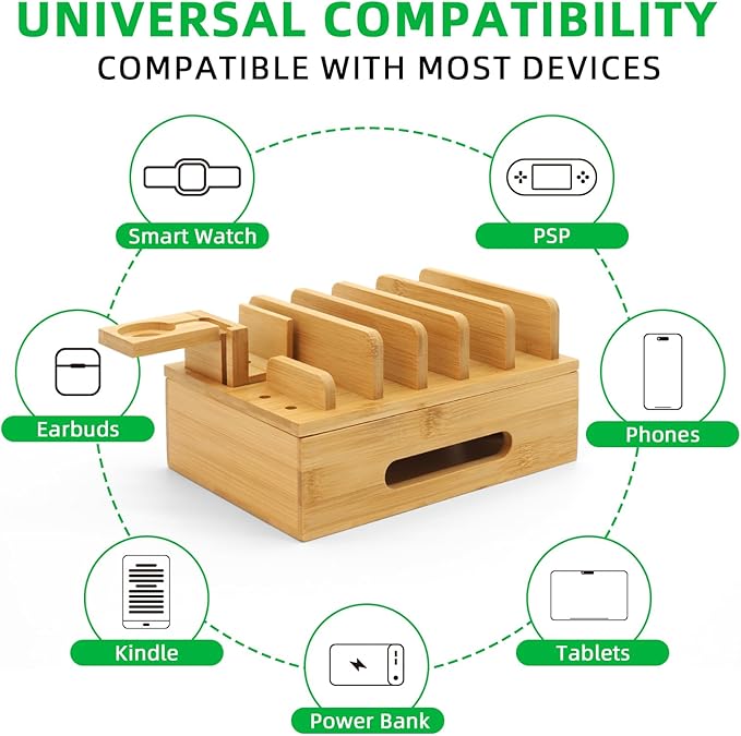 Bamboo Charging Station for Multiple Devices, Desk Wood Docking Station for Phones, Tablets, Watch, Earbuds, Charger Organizer Included 6 Cables & 5-Port USB Charger