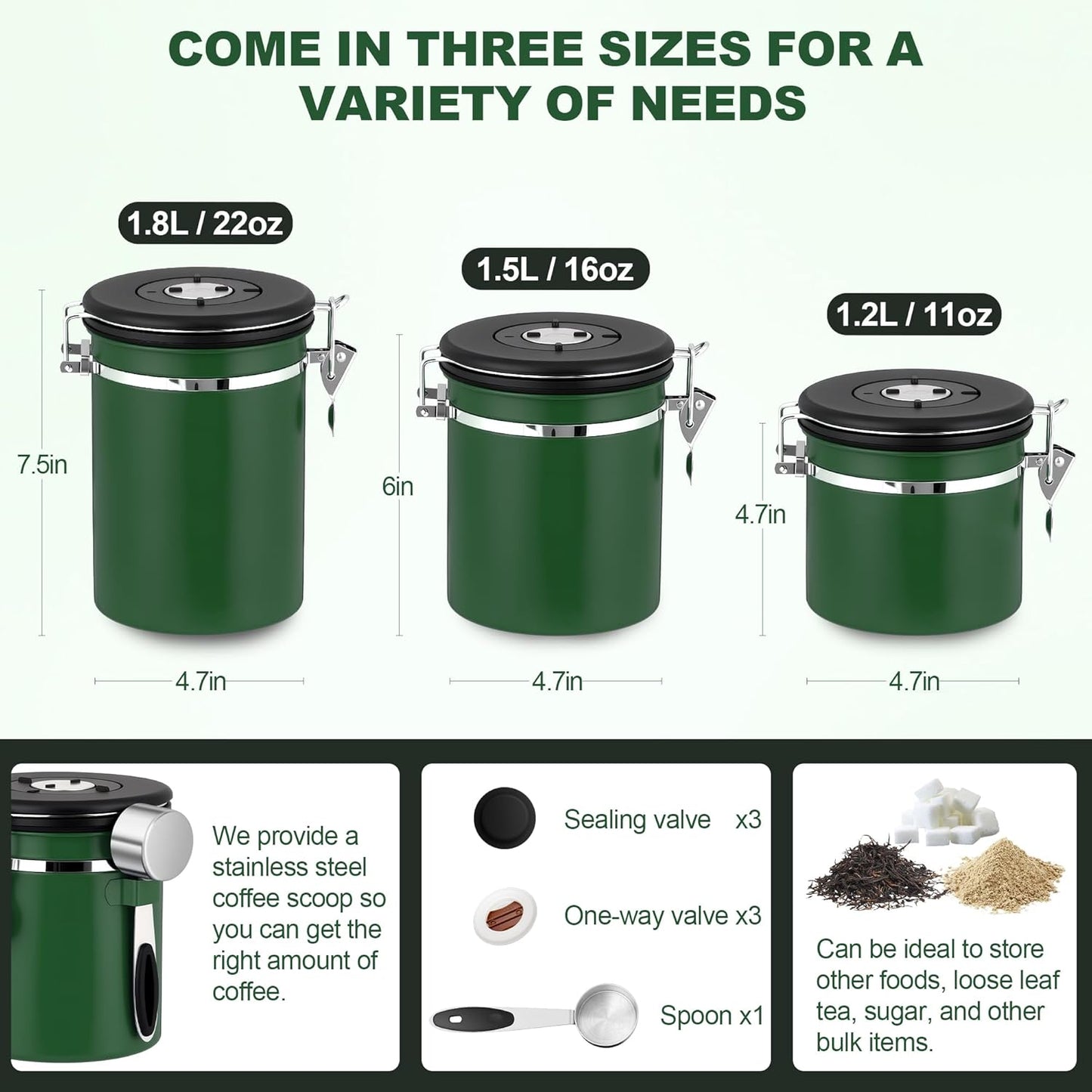 ShanSon Coffee Canister Airtight Coffee Container Stainless Steel Coffee Bean Storage Container with Scoop Coffee Canister for Beans Grounds Sugar Flour Tea Cereal,11OZ, Dark Green