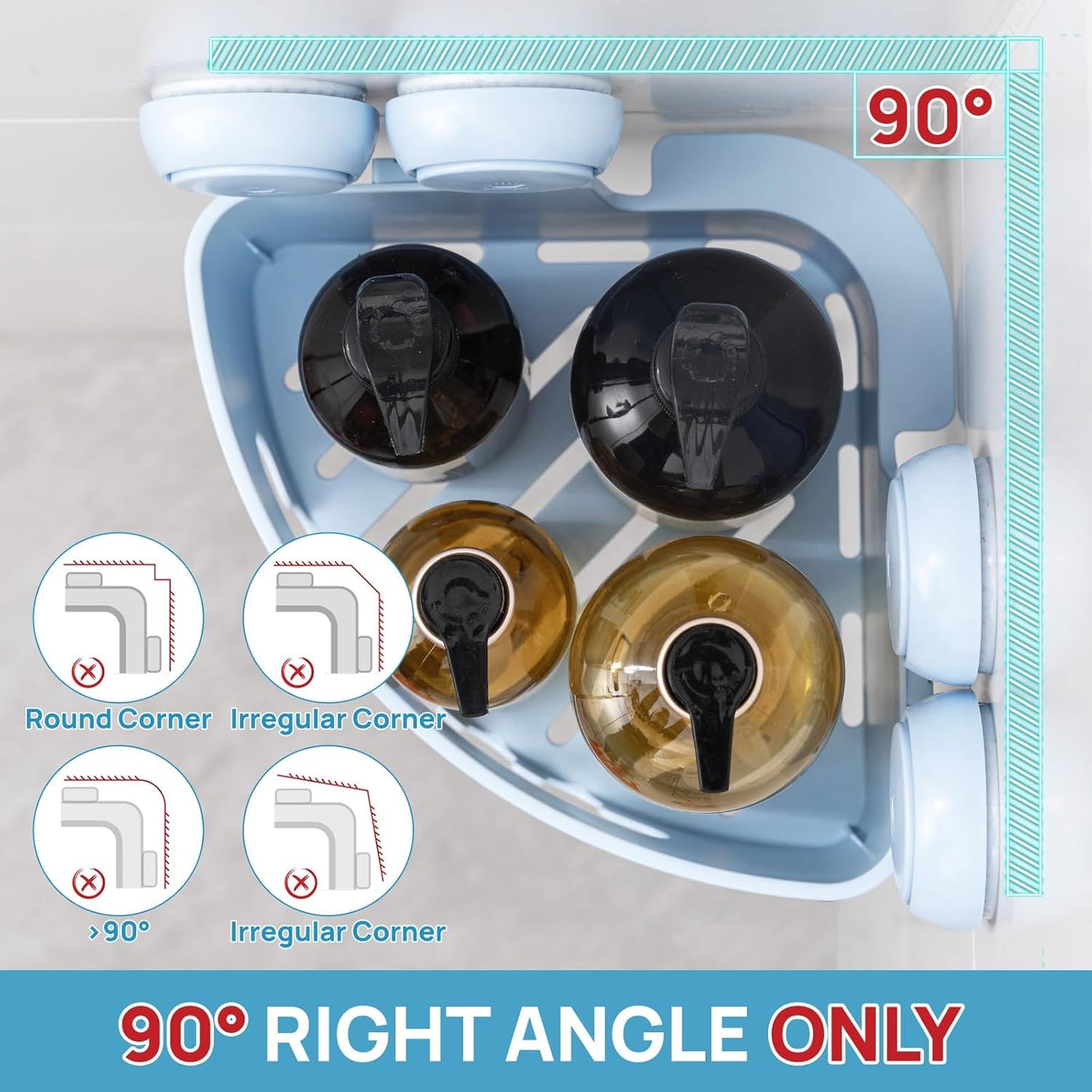 LEVERLOC Corner Shower Caddy Suction Cup, Shower Caddy Basket Powerful Suction Bathroom, Waterproof & Rustproof Organizer for Bathroom Storage, No-Drilling Removable (Blue)